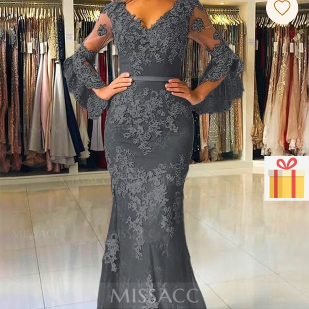 MissAcco Charcoal Lace Mermaid Gown with Sheer Bell Sleeves